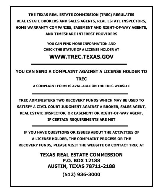 Texas Real Estate Commission Consumer Protection Notice