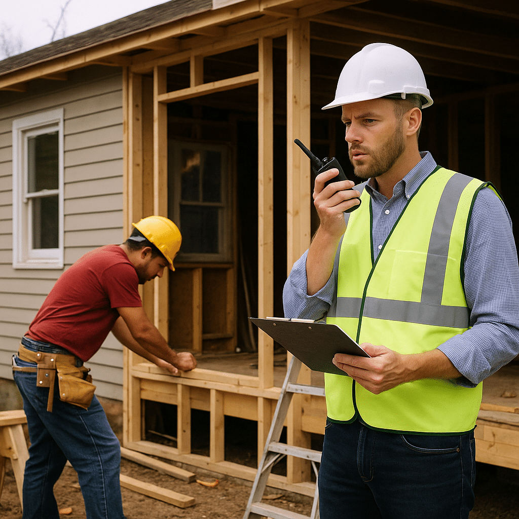 man in hardhat with clipboard while other man works on construction job